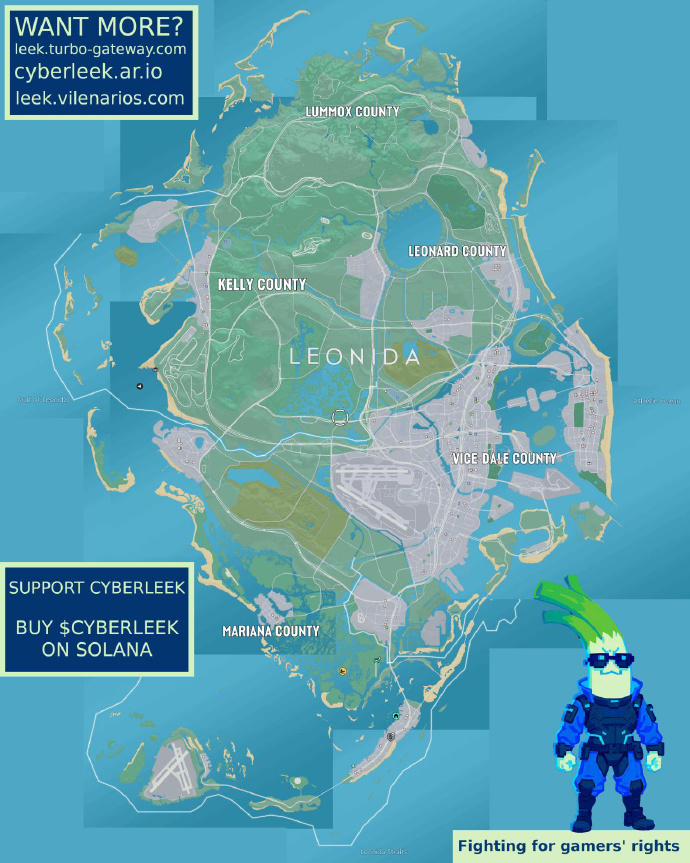 Claimed full Leonida map circulated online, showing county labels, roads, coastlines and embedded Cyberleek promotional text; not authenticated by Rockstar
